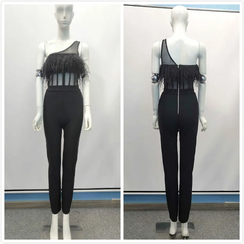 

Free Shipping One Shoulder Sleeveless White Bandage Jumpsuit Women 2020 New Feather Mesh Patchwork Jumpsuit Sexy Party Jumpsuit