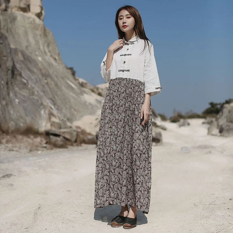 Женское винтажное платье с цветочным принтом Johnature хлопковое льняное