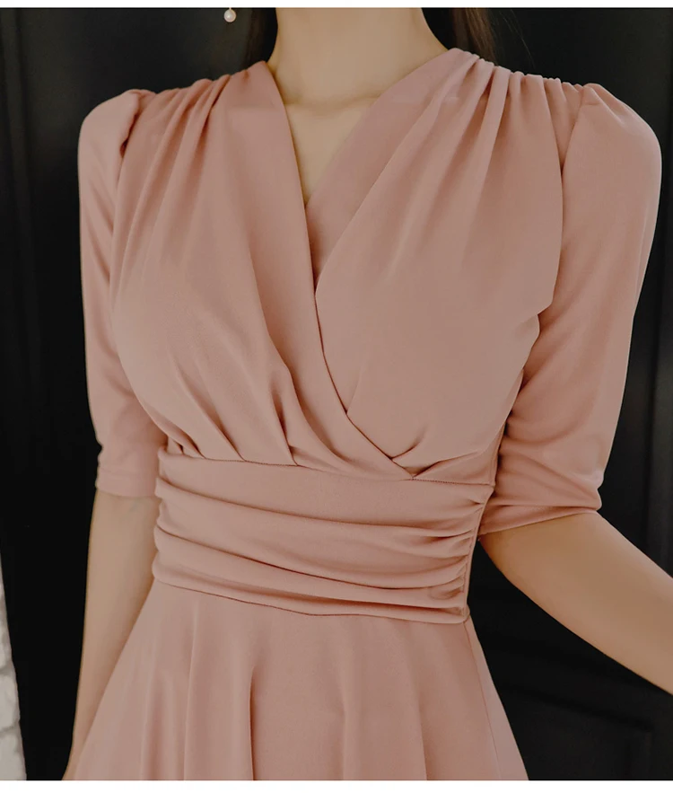 

2020 Korea Casual Women Winter Cloth Pink V-Neck Wrinked Swing Loose Midi High Waisted Female Dresses