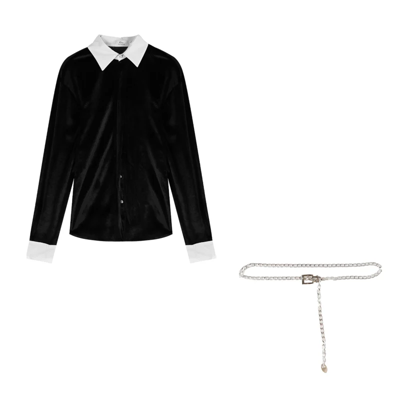 

Женская винтажная велюровая блузка с длинным рукавом и отложным воротником