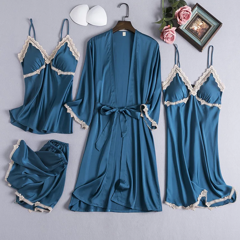 

Lace Satin 4PCS Robe Sets Sexy V-Neck Pajamas Suits Casual Thin Waistband Sleepwear Strap Nighty Lady Intimate Lingerie Chestpad
