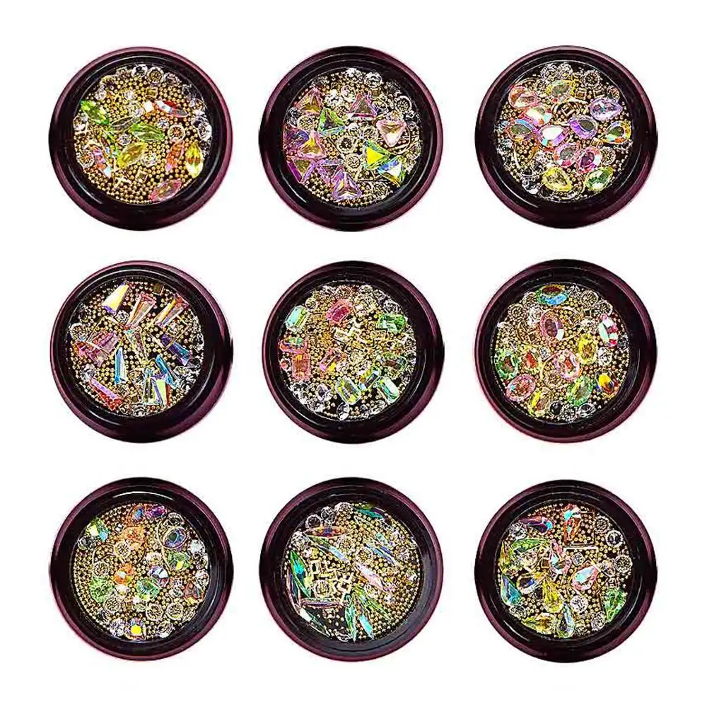 

1 Jar Mixed 3D Colorful Nail Art Rhinestones Gems Jewelry Shiny Beads Metal Frame Steel Ball Crystal Charm Glass Decorations Q#5