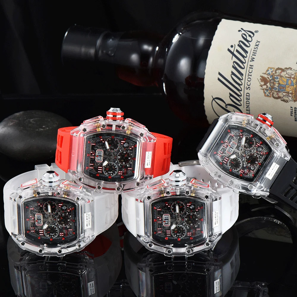 

2021 Rm brand unique transparent dial Leisure Sports calendar Silicone chronograph ladies couple quartz multifunction watch