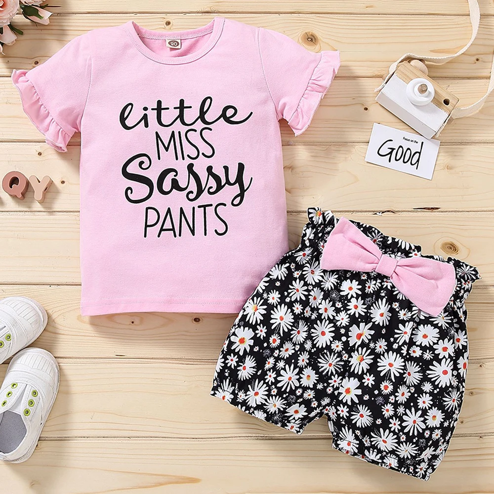 

Kids Girls Clothes Letter Print Short Sleeve T Shirt and Floral Printed Shorts Children's Set Toddler Girls Summer Fashion