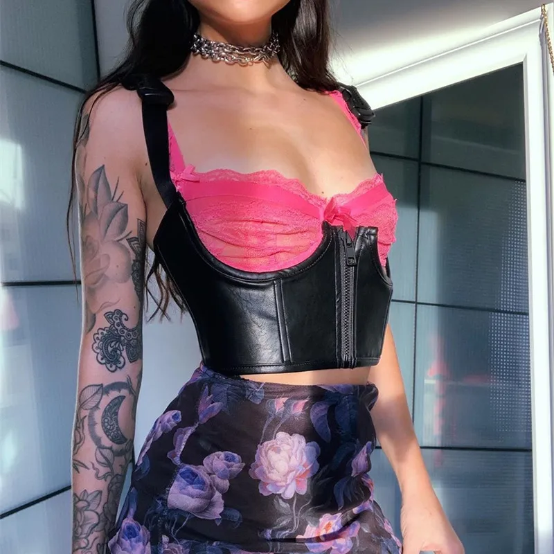 Women's PU Leather Slim Motorcycle Outerwear Tops School Bag Buckle Sling Vest | Женская одежда