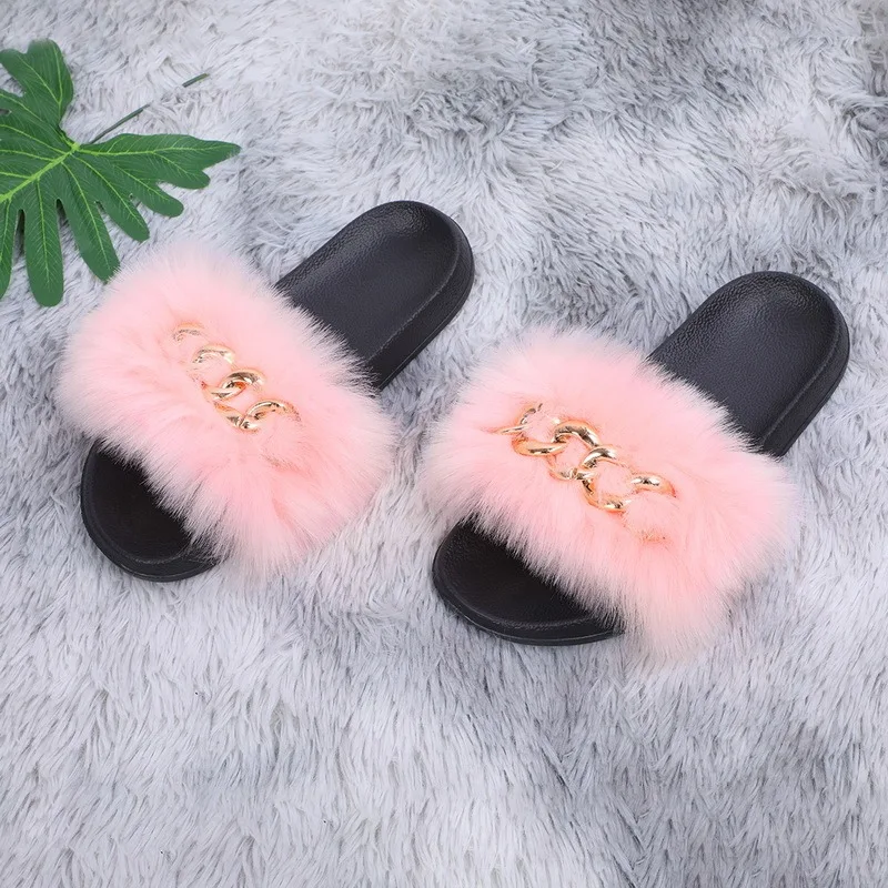 

Fluffy Flip Flops Real Fox Raccoon Fur Slippers Designer Golden Chain Furry Fur Slides Plush Beach Slippers Women Summer Sandals