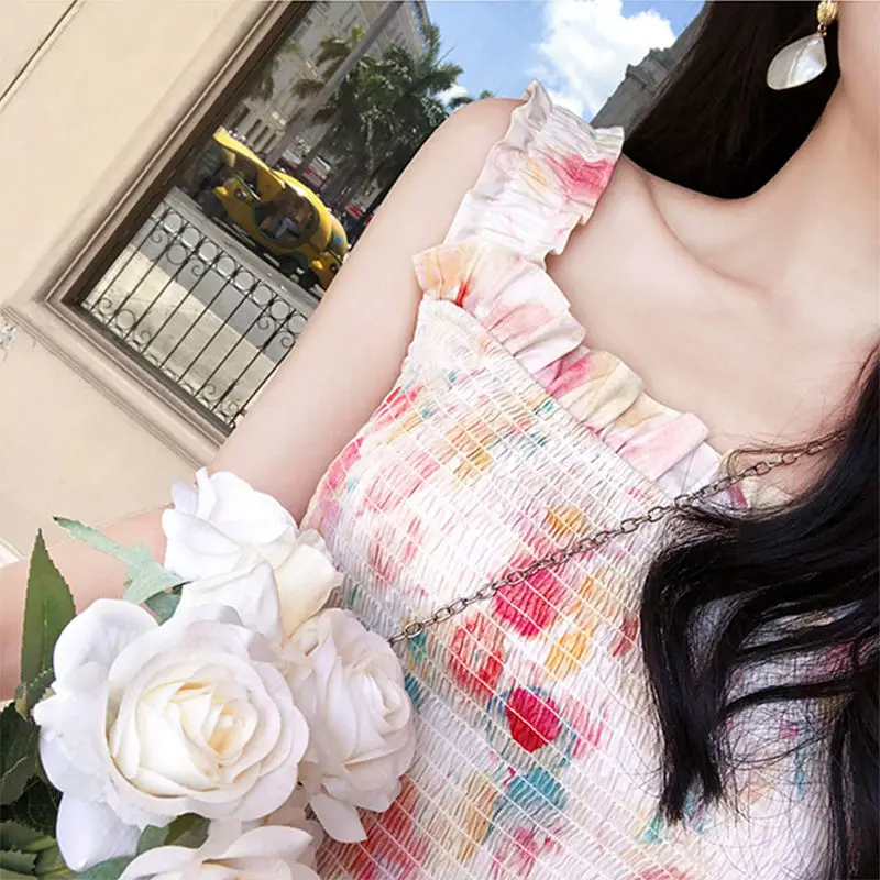 Женское винтажное платье с цветочным принтом розовое до середины икры