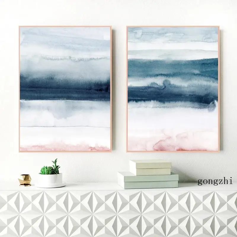 

Watercolor Navy Blue Blush Pink Nordic Posters Abstract Landscape Canvas Painting and Prints Wall Art Pictures Living Room Decor