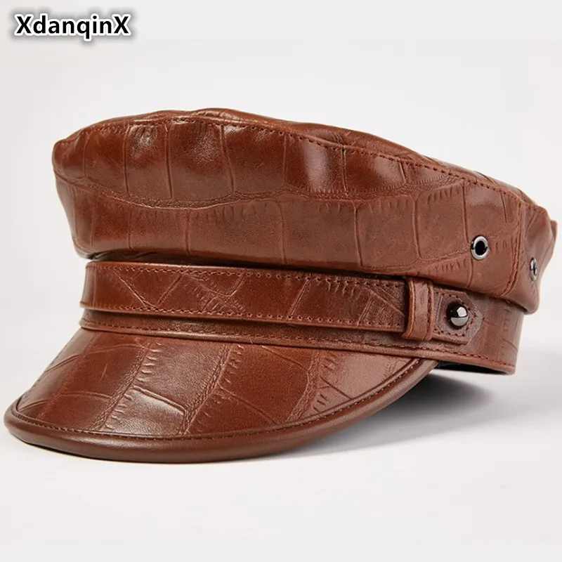 XdanqinX Осенняя мужская плоская кепка шапки из натуральной кожи Женская армейская