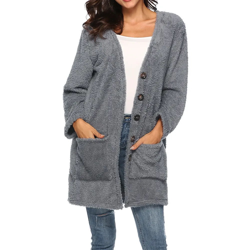 

Winter Women's Warm Fleece Coat Thickened Plush Long Sleeve Button Fluffy Solid Loose Outwear With Pockets Ez*