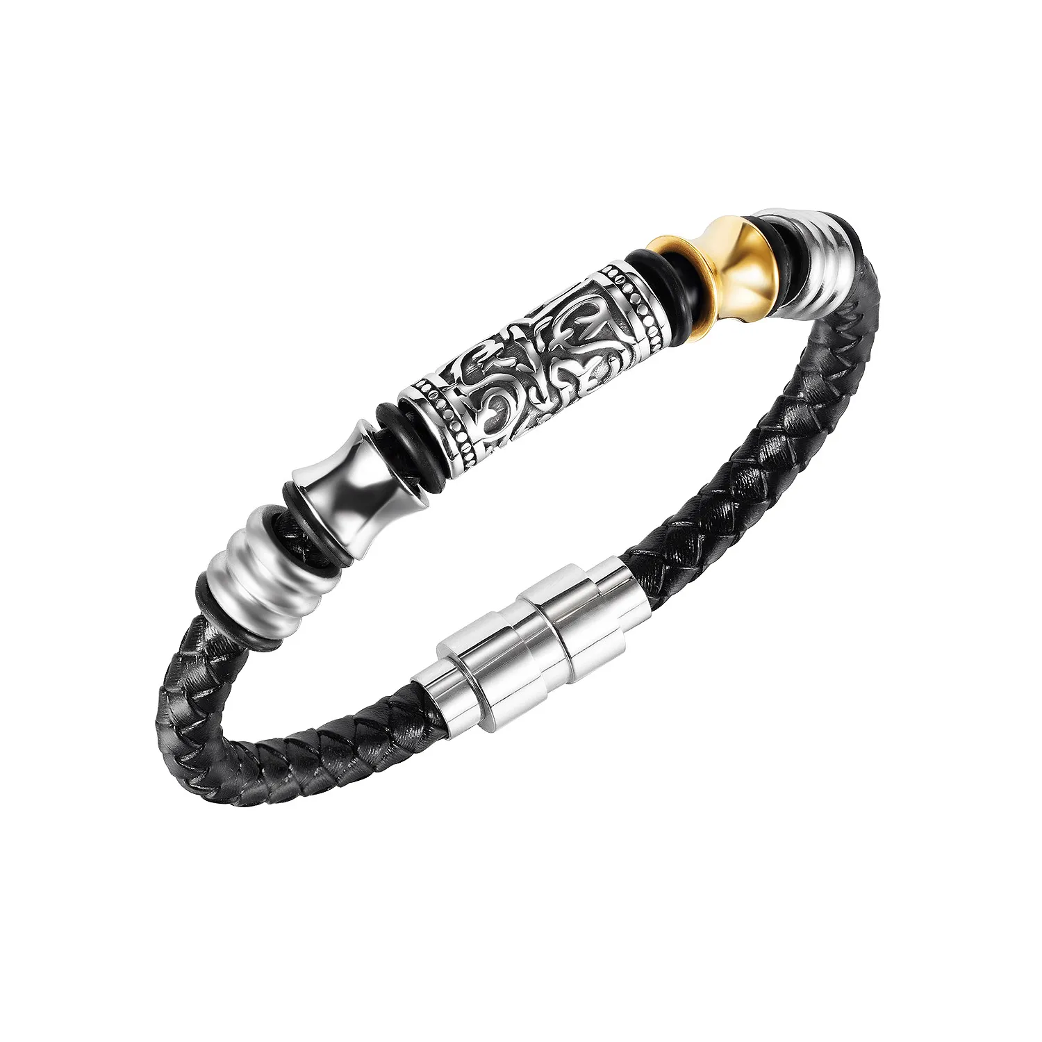 

JIALY European Men Punk Black Braided Leather Retro Totem Charm Bracelet Stainless Steel Button Wristband Jewelry B0202