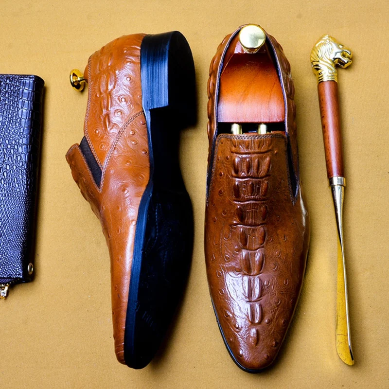 

Luxury Designer Genuine Leather Formal Dress Men's Shoes Pointed Toe Slip on Alligator Pattern Casual Loafers For Male AS155