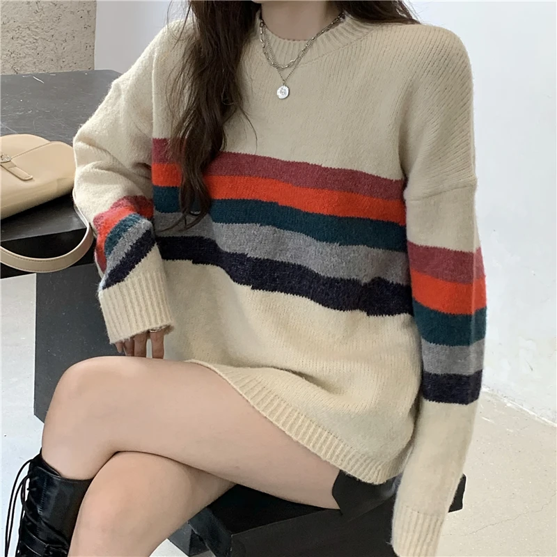 

Loose Autumn Spring Sweater Women 2020 New Korean Elegant Knitted Splicing Sweater Warm Female Pullovers Fashion Contrast Tops