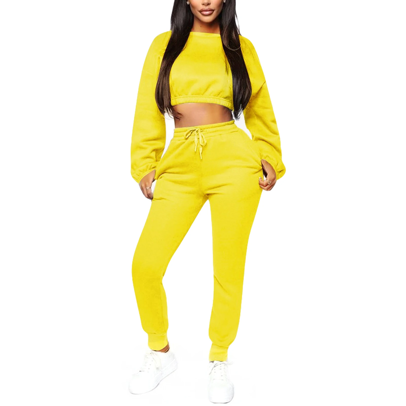 

Women Tracksuits 2 PCS Outfits Crew Neck Long Sleeve Crop Top Drawstring Skinny Pants Sportswear Solid Color Gym Fitness Clothes