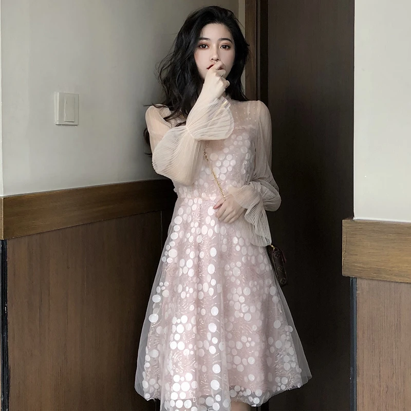 

2 Piece Dress Women Mesh Hollow Out Dress Girls Heavy Embroidered Mesh Sling Set Vestidos Pink Transparent High Waist Dresses