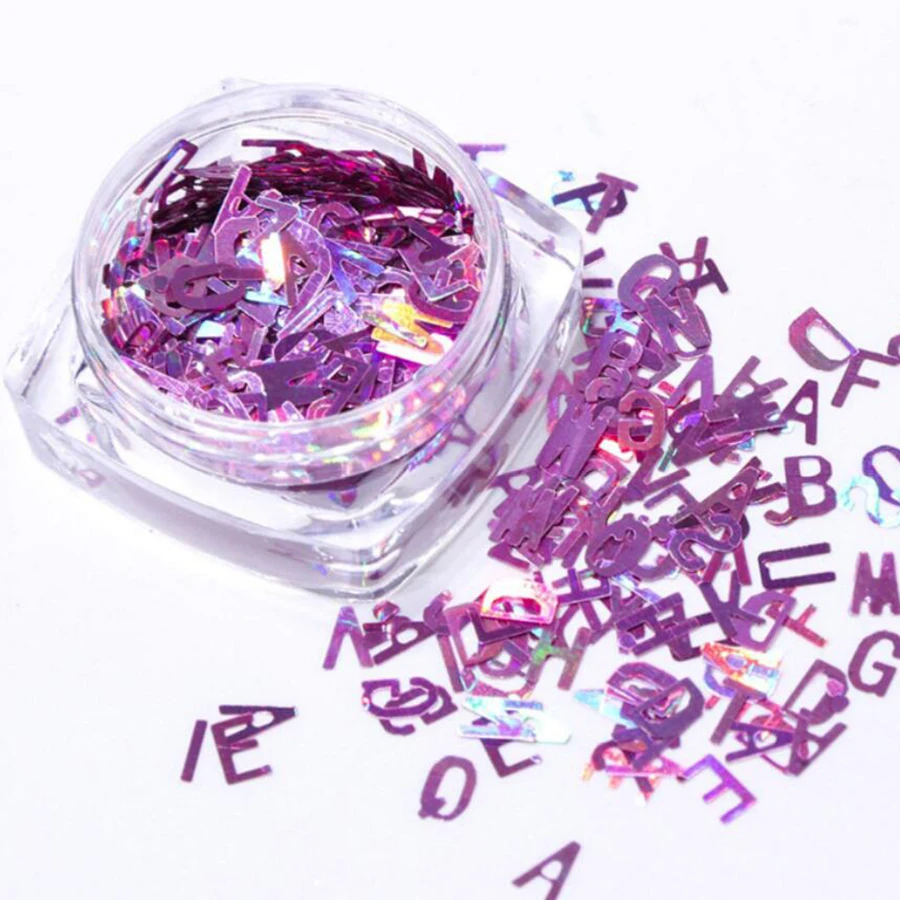 Голографический блестящий алфавитный ноготь письменные письма искусство хлопья дизайн декоративные рождественские украшения на.