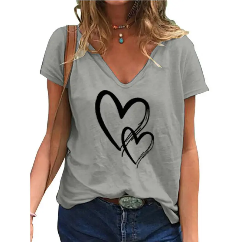 

Women Short Sleeve Heart Print Loose T Shirts Fashion Summer Casual Blouse Tops