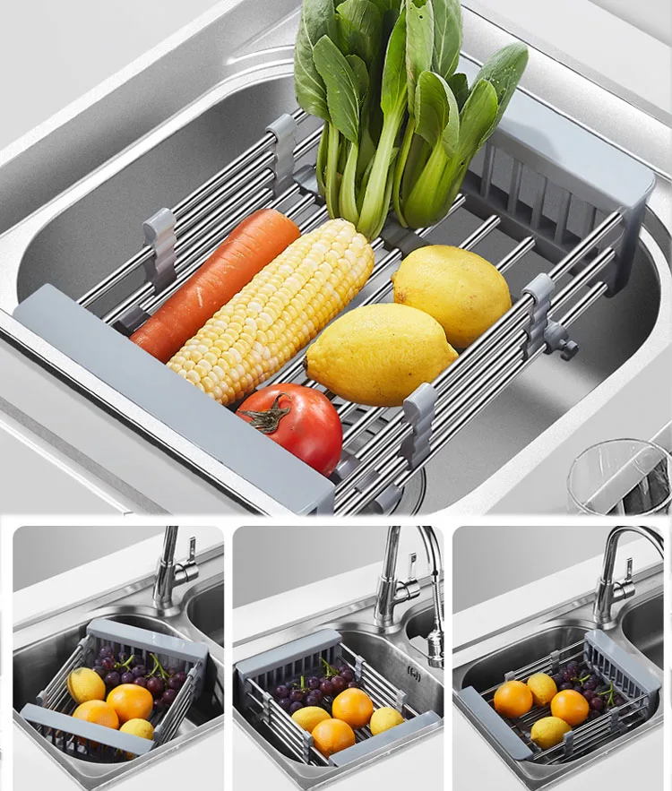

Kitchen retractable sink drain rack dish drying rack drain basket filter basket for fruits vegetables stainless steel