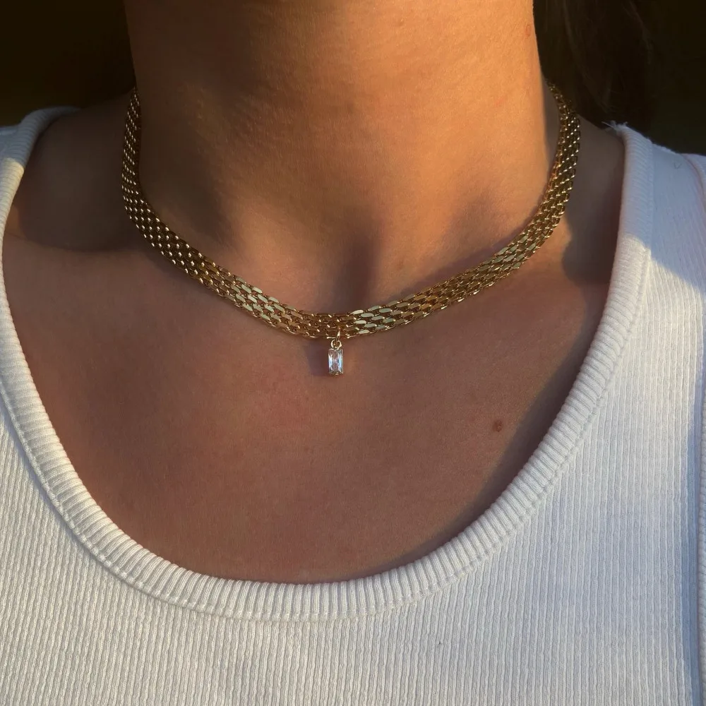 

Vintage Rectangle Zircon Pendant Gold Cuban Chain Choker Wide Flat Chain Collar Necklaces Exgagerated Watch Band Necklaces Steel