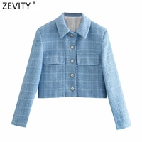 zevity new women england style pockets patch short tweed woolen blazer coat vintage female long sleeve outerwear chic tops ct664
