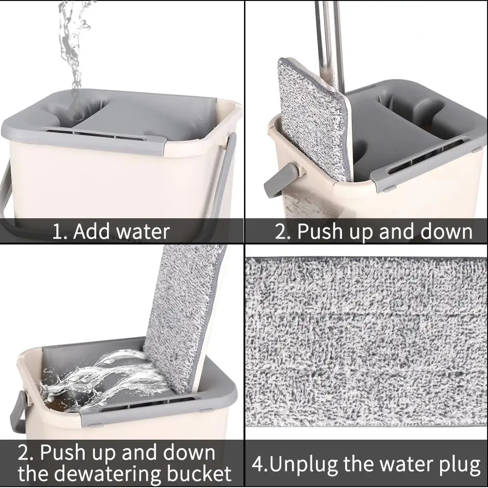 

C5 Microfiber Pads Cloth Hand Free Wringing House Home Floor Cleaning Mops Flat Squeeze Magic Automatic Mop And Bucket Set