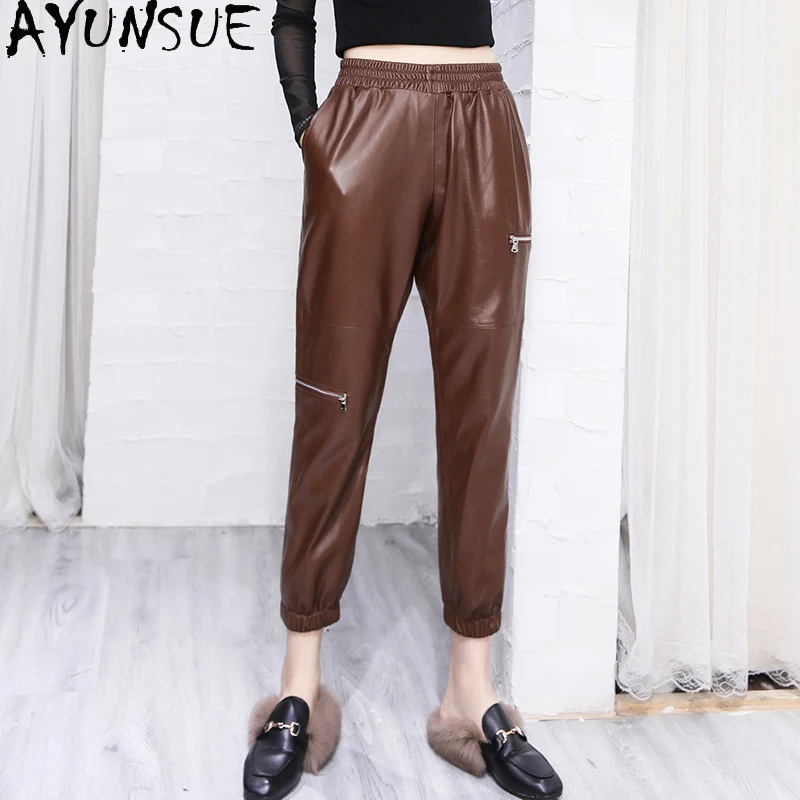 

AYUNSUE 100% Sheepskin Leather Pants Female Spring 2021 Brown Harem Pants Loose Trousers for Women Clothes Pantalones De Mujer