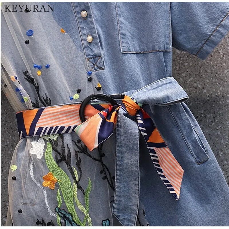 

2021 Summer Plus Size Denim Dress Women Short Sleeve Flower Embroidery Mesh Stitching Irregular Ruffles Jean Dresses With Belt