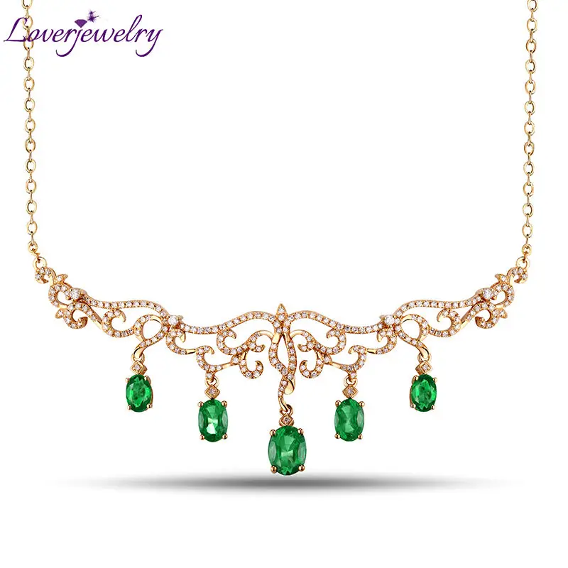 

Loverjewelry Luxury Necklace Design Solid 18Kt Yellow Gold Natural Green Emerald Pendant Necklace Diamond Jewelry For Women Gift