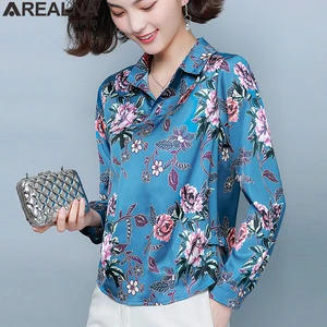 Блузка Женская атласная в Корейском стиле, Модная шелковая винтажная блузка с цветочным принтом, топы размера плюс 5XL, 2020