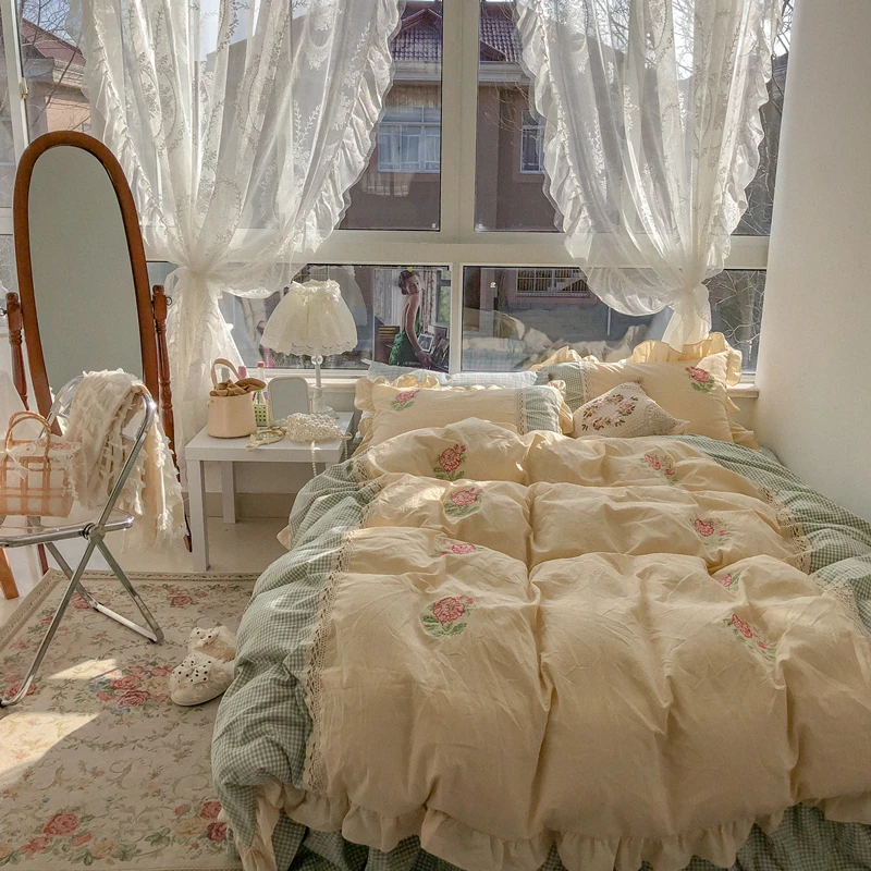 

French Vintage Style Pastoral Artistic Embroidery All Cotton Washed Cotton Four-Piece Quilt Cover Bed Skirt Bed 1.5/1.8 M