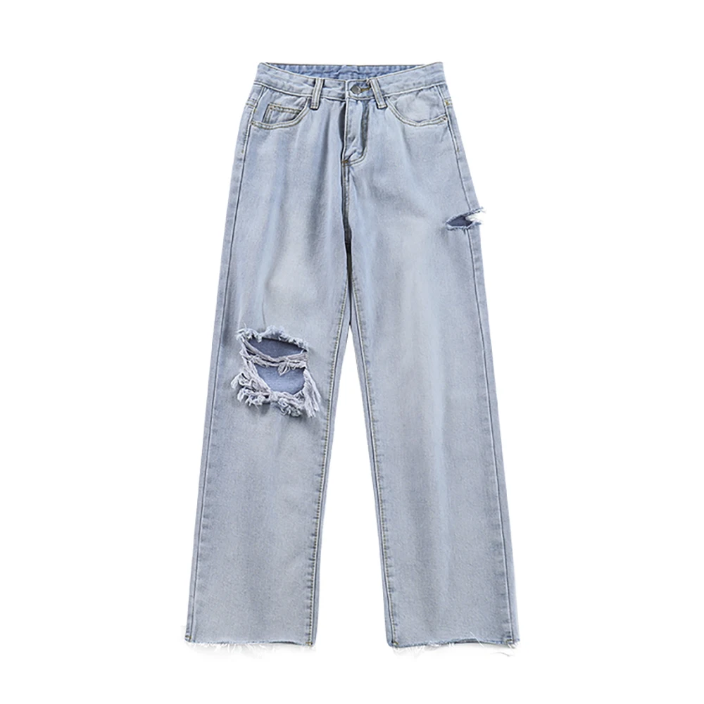 

Loose Hole Jeans for Women 2021 Summer New Korean Style High Waist Slimming Light Color All-Matching Straight Pants for Students