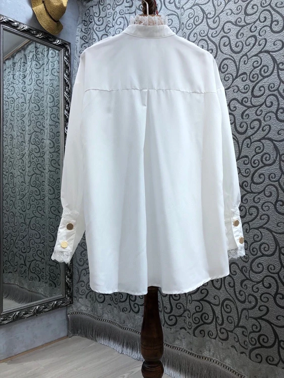 

2021 spring and summer new women's fashion lace stitching trim drill button long sleeve versatile top 310