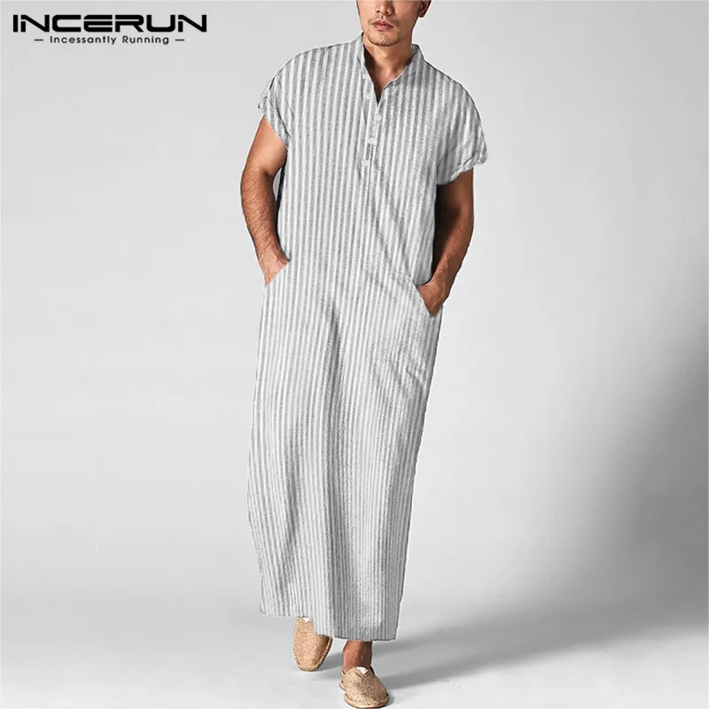 Men Islamic Arabic Kaftan Striped Short Sleeve Casual Pockets Muslim Robes Cotton Saudi Arabia Dubai Men Jubba Thobe INCERUN 5XL