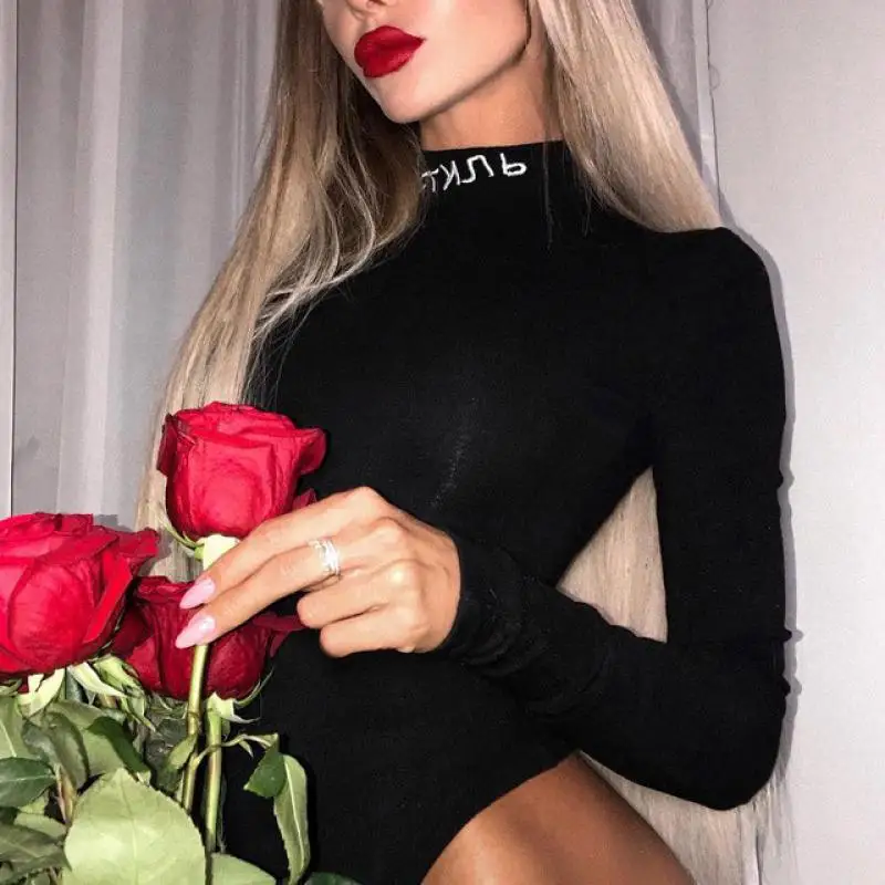 

Sexy Sheath Rompers Women Bodysuit Long Sleeve Regular letter Turtleneck Jumpsuits Women Fashion Streetwear Outfits Overalls