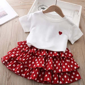 Girls Clothes Set 2021 New Summer Love Short Sleeve T-shirt+Polka Dot Printed Cake Skirt 2PCS Toddler Children s Clothing
