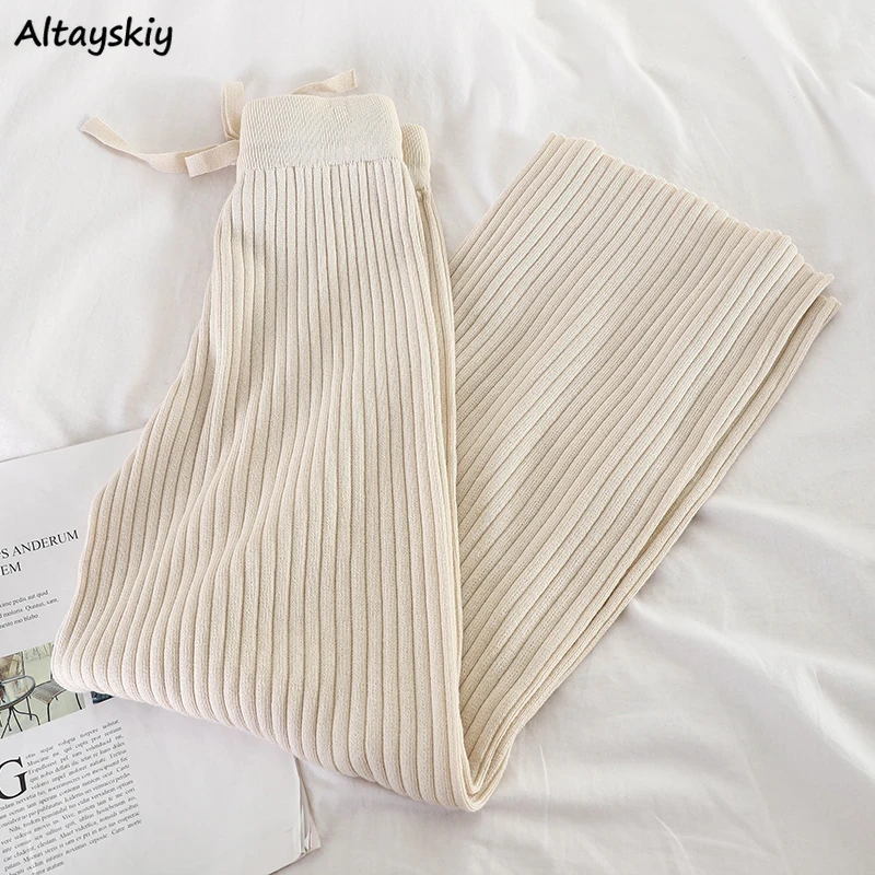 

Брюки женские с широкими штанинами и эластичным поясом, однотонные вязаные Простые повседневные плиссированные штаны до щиколотки, модные ...