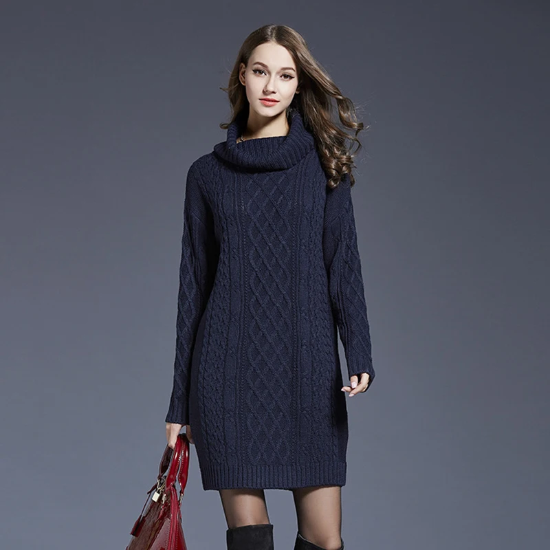 

Plus Size M-3XL 4XL Sweater Dress Autumn Ladies Knitted Turtleneck Pullover Dresses Women Solid Color Winter Dress vestidos
