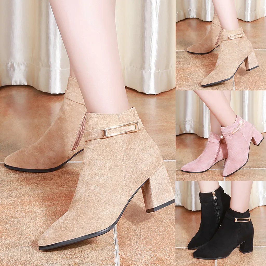 Женские зимние сапоги из флока модные короткие трубы с острым носком и боковой