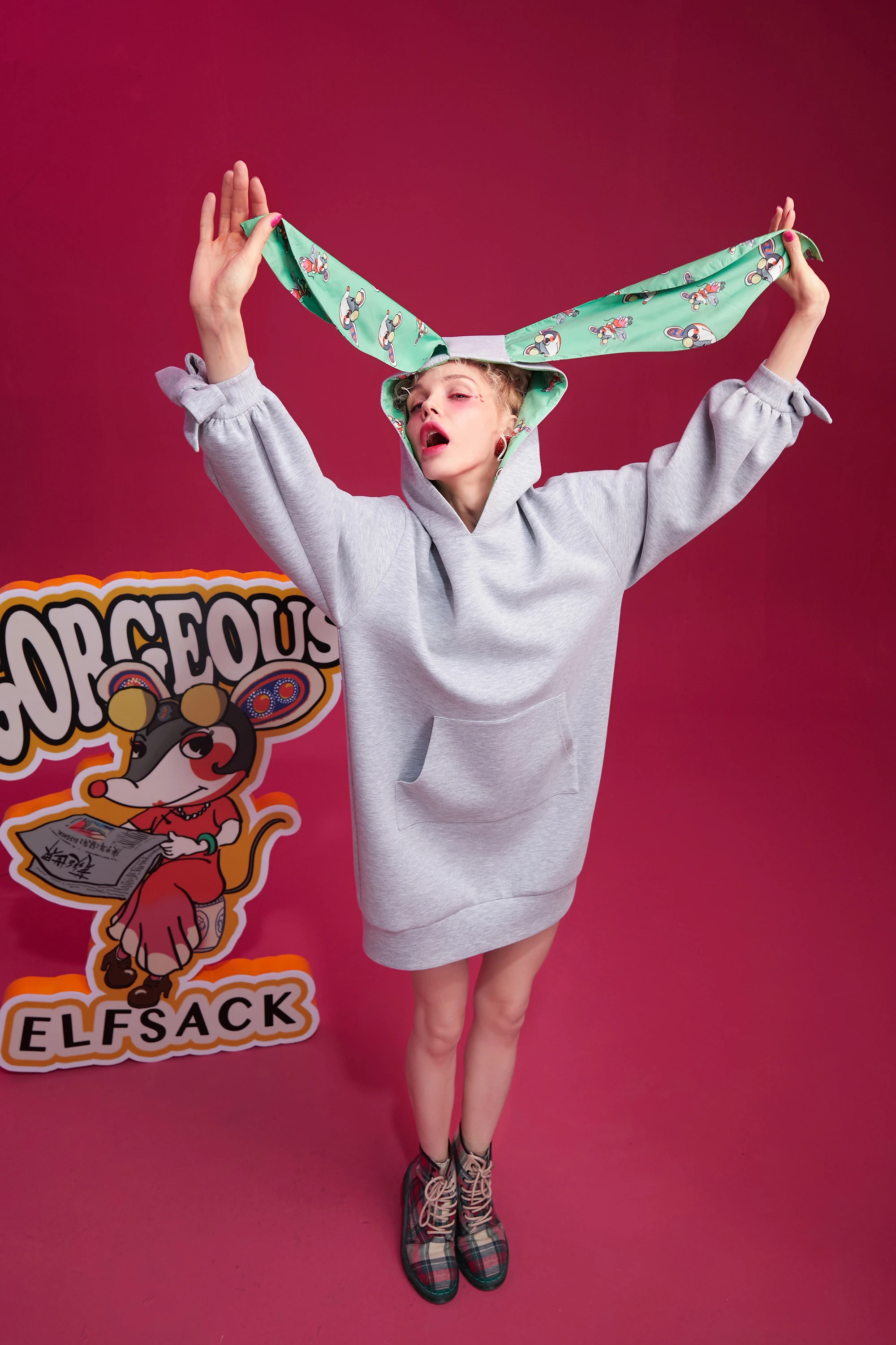 ELFSACK, серый, однотонный, с принтом крысы, пэтчворк, с капюшоном, Повседневный свитер, платье для женщин, зима, корейский стиль, рукав-фонарик, женские платья