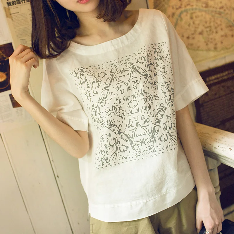 

Белая хлопково-Льняная свободная футболка, повседневная винтажная рубашка с коротким рукавом, женские топы с принтом для дам
