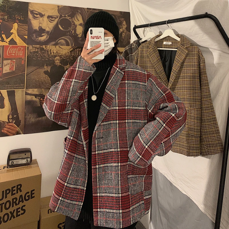 2019 мужские клетчатые куртки с принтом камвольная Шерстяная Смесь воротник