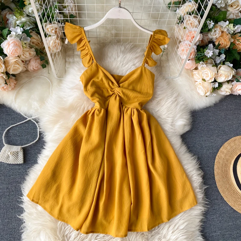 Летнее Сексуальное Женское Платье новый дизайн 2020 желтое милое платье спагетти с