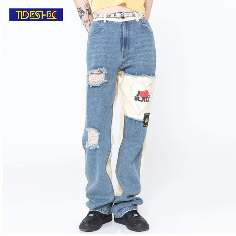 

Men Pants Stitching Ripped Jeans Letter Print Love Pattern Retro Loose Straight Pants Summer Fashion Men's Clothing Streetwear