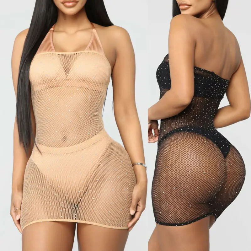 Sexy Women Lace Fishnet Glitter Sequins Shiny Mesh Sheer See-through Hollow Out Dress Bikini Cover Up Beach Mini Beachwear | Женская