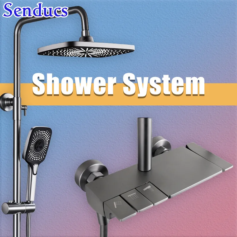 

Grey Bathroom Shower Set Thermostatic System Basin Rainfall Head Tub Waterfall 3 Function Pvc Pressure Shower Jet System Smart