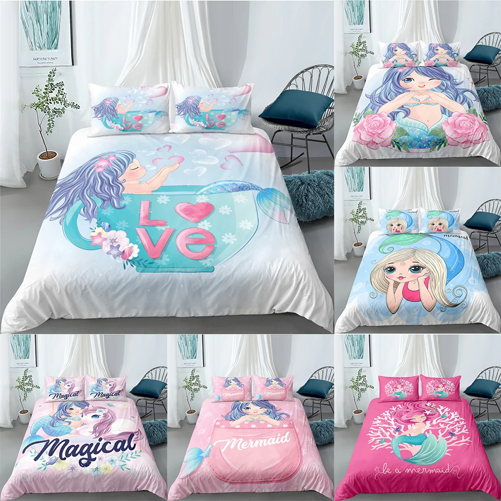 

Cute Mermaid Bedding Set Cartoon Printed Single Twin Full Queen King Size Bedclothes Children's Kids Bedroom Duvet Cover Sets