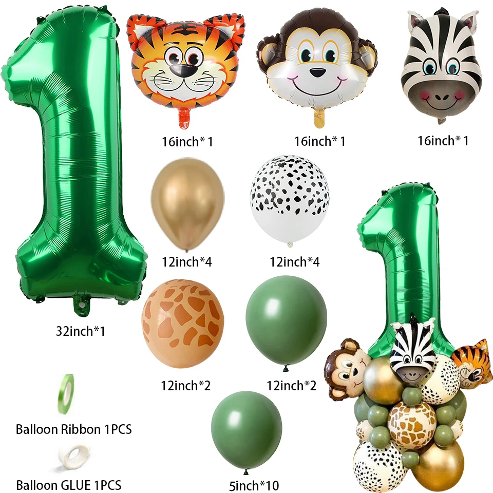 28pcs 1-9 Green Number Balloon Lion Monkey Foil Balloons Tower Kids Jungle Safari Birthday Animal Party Decoration DIY Supply | Дом и сад