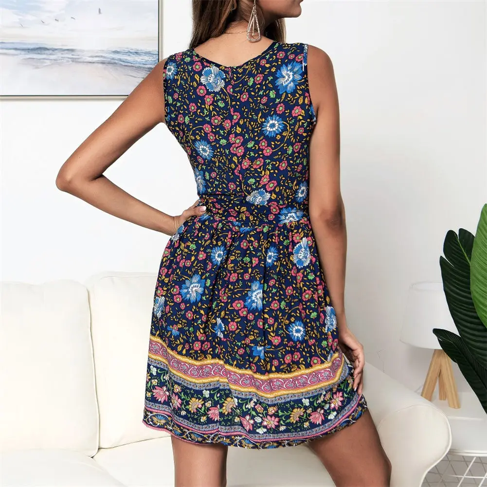 

Hot Women Printed Zipper Dress Round Neck Sleeveless Casual Loose Summer Beach Dress