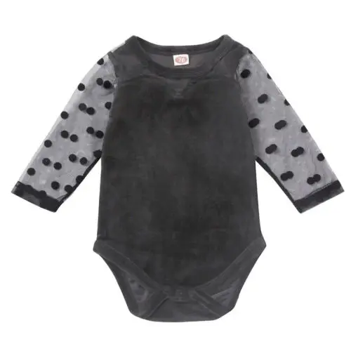 

0-18M Baby Girl Velvet Bodysuits Mesh-Sleeve Back Bowknot Velvet Jumpsuits Infant Toddler Girls Long Sleeve O-Neck Bodysuit