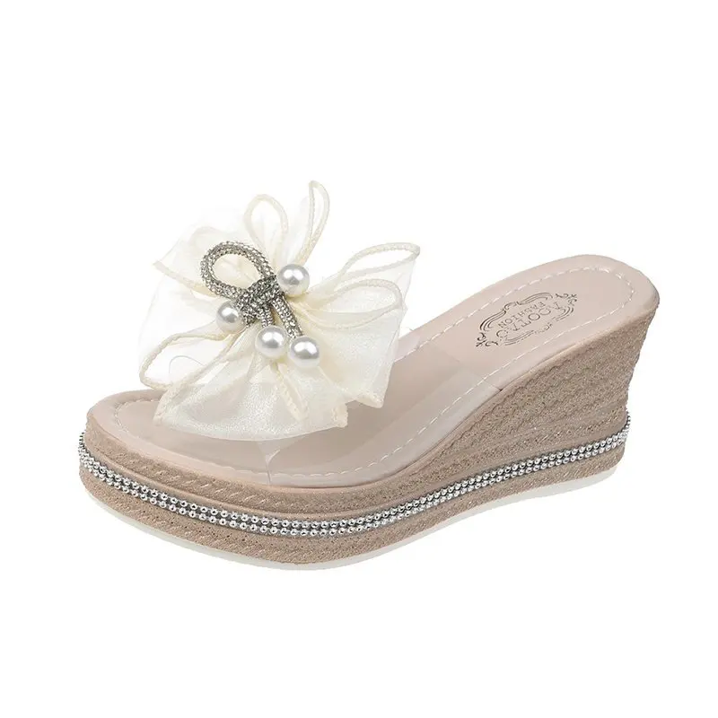 

Slippers Casual High-Heeled Shoes Lady Platform Butterfly-Knot Slipers Women Slides On A Wedge Jelly Flip Flops Luxury 2021